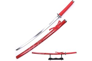 DAMASKERUS 40" Japanese Samurai Sword Katana Carbon Steel Blade Dragon Engraved Wooden Sheath w/ Stand