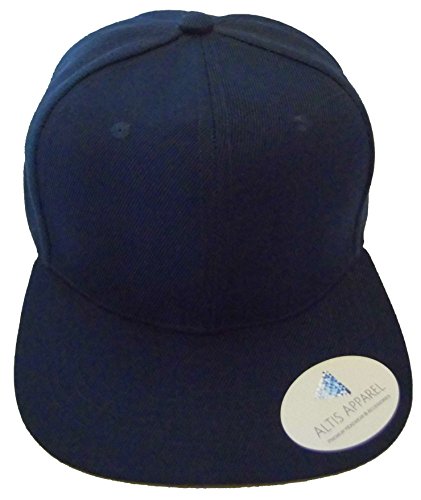 Premium Plain Solid Flat Bill Snapback Hat - Adult Sized Baseball Cap (Navy Blue)