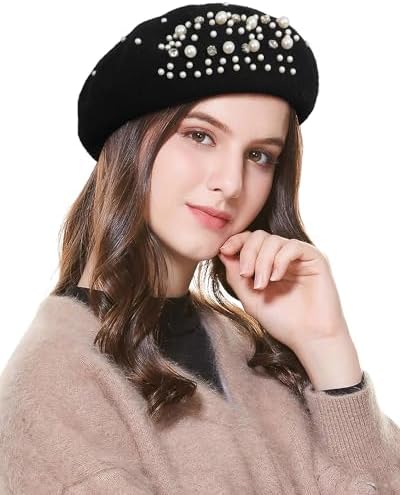 Women\'s Classic Pearl Wool French Stylish Beret Hat Black Black French Beret in Soft Wool | French Beret® main image 4