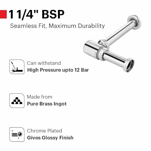 Johnson Dew Bottle Trap for Wash Basin with 190 mm Outlet Pipe | Brass Material | Chrome Plated Glossy Finish with Wall Flange | Anti Cockroach Trap | 2 Years Warranty (Pack of 1) 3