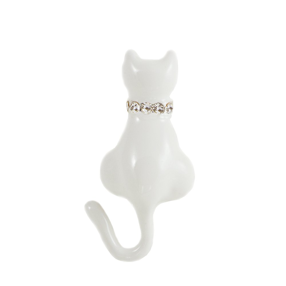 Silver Plated White Cat Pin Enamel Crystals Women´s Brooch