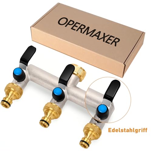 OPERMAXER 3-Way Tap Water Distributor, 304 Stainless Steel Handle, 3/4 Inch Brass Water Connection Distributor with Individual Shut-off Valves, 3 x 3/4 Inch Distributor Outlets for Appliances/Garden Hoses