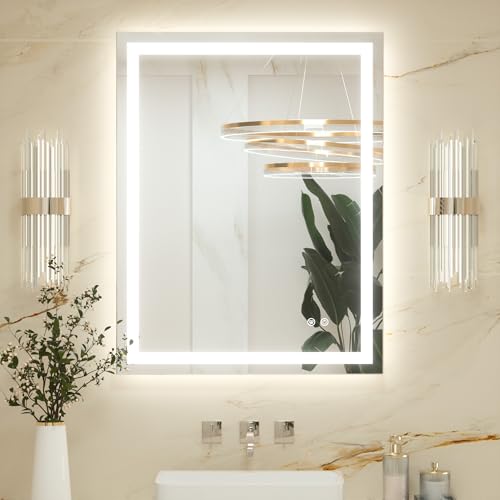 Keonjinn 70x90cm Badspiegel mit Beleuchtung, Badezimmerspiegel Led Bad Spiegel mit Beschlagfrei, Touch Schalter, 3 Lichtfarben Dimmbar Speicherfunktio