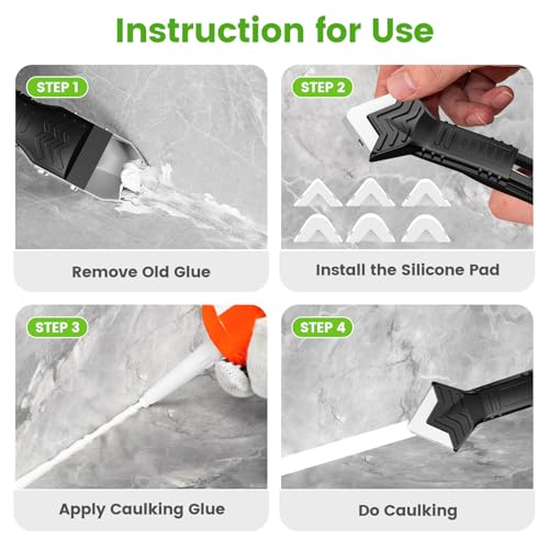 Caulking Tool 5 in 1 Silicone Caulking Grout Removal Sealant Finishing Tool with Grout Scraper, 6 Exchange Silicone Pads, Adhesive Residue Scraper Seam Repair Kit for Kitchen Bathroom White