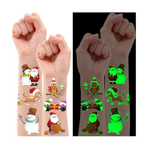 Partywind Glow Christmas Party Decorations, Luminous Christmas Temporary Tattoos for Kids Stocking Stuffers, Xmas Holiday Decorations Party Favors Supplies Games for Boys and Girls (4 Sheets)