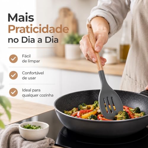 Kit Utensílios Cozinha Silicone 12 Peças com Suporte – Cabo Madeira Premium, Não Risca, Resistente ao Calor