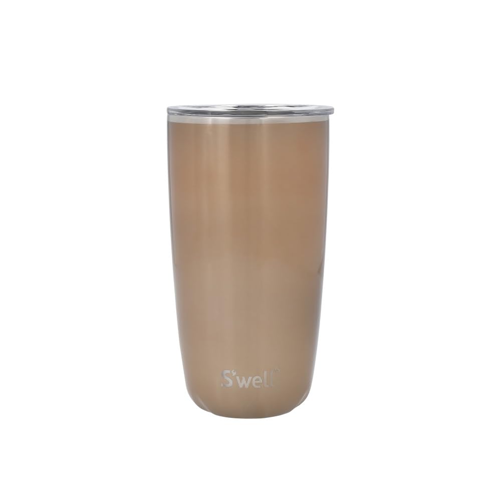 S'well Tumbler with Lid, 530ml, Pyrite, Vacuum-Insulated Travel Cup with Pop-On Lid, for Hot and Cold Beverages, On-the-Go up to 12h Cold/4h Hot, Gold