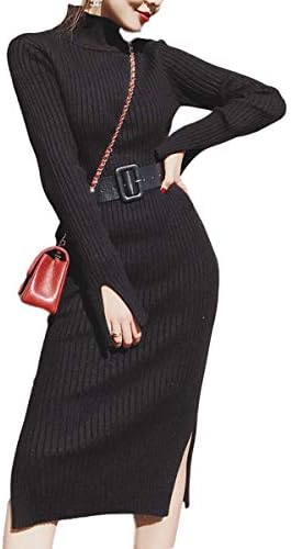 San Brose Women’s Knit Dress, Slit, High Neck, Sexy Waist Belt