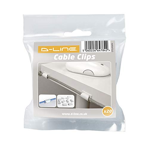 D-Line CTCLIP20PK Fermacavi Adesivi, Clip Fermacavi, Fermacavi Scrivaniam - 20x Clip Per Cavi - Bianco