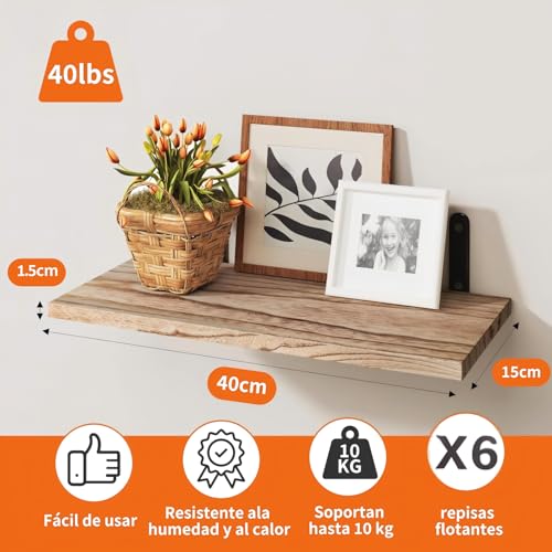Konicoo 6 PCS Estante Flotante, Repisas Flotantes De Pared 40 * 15cm, Repisas Flotantes Soporta hasta 10 Kg,Repisa Flotantes Montadas,Faciles De Instalar,para Almacenar Articulos y Decorar