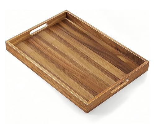 Acacia Wood Serving Tray with Handles - 17-Inch Large Wooden Tray for Ottoman - Perfect for Breakfast, Lunch, Dinner, Appetizers, Patio, Ottoman, Coffee Table,BBQ, Party – Great for Lap &Couch at Amazon
