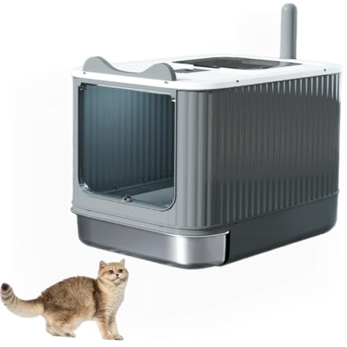 ORCHID M®Upgraded Fully Enclosed Cat Litter Box with Lid, Covered Cat Box Enclosure, Anti-Splashing Easy to Clean Kitty Litter Boxes with Drawer, Use from Kitten to Adult(White&Grey)