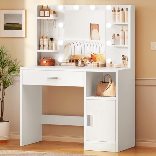 TEENFON Vanity Desk with Mirror and Lights, Makeup Vanity with Large Drawer, 4 Shelves and 5 Jewel Hooks, Dressing Table with Cabinet & Open Compartment for Bedroom, White