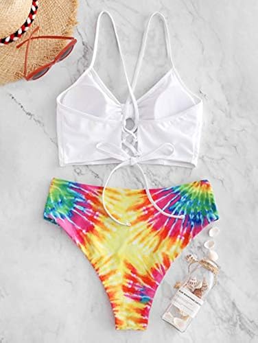ZAFUL Women's Scoop Neck Knot Ruched Rainbow Tie Dye Two Pieces