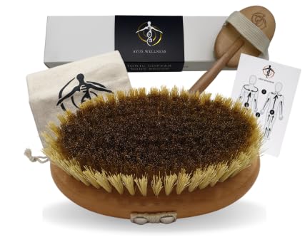Ayus Wellness Ionic Copper Body Brush - The Ultimate Vegan Dry Body Brush for Exfoliation, Lymphatic Drainage, Detoxification, Anti-Cellulite, Boosts Collagen l Detachable Long Handle