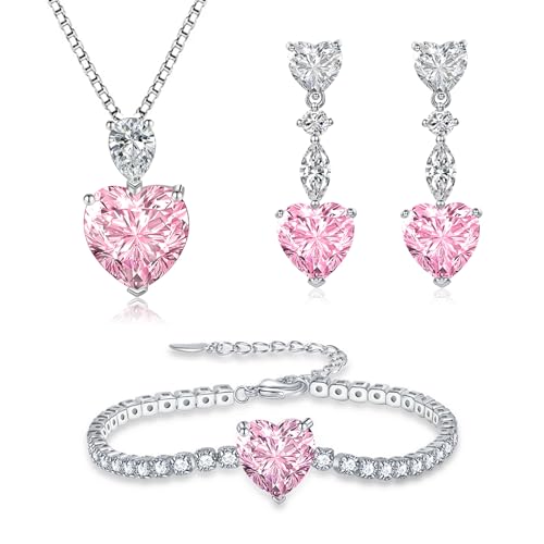 41+6gr12QgL Glintara Silber Schmucksets Für Damen, 925 Sterling Silber Halskette Ohrringe Armband Set, Herz Schmuck Set Mit Rosa Zirkonia, 3Pcs Anhänger Mit 45Cm Kette &Amp; Hängeohrringe &Amp; Armkette Für Mädchen
