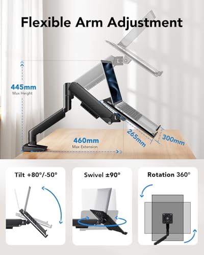 HUANUO 2 in 1 Function Laptop Mount with Tray, Fits 13"-34″ Monitors & Up to 17″ Notebook, Ergonomic Laptop Arm with Full Motion Adjustment, Pre-assembled for Easy Setup, VESA 75x75mm/100x100mm