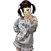 GOTHPICKUS Y2K Off Shoulder Kawaii Cute Graphic Sweatshirt Casual Long Sleeves Hrajuku Tops Cat Print Pullover Sweatshirts