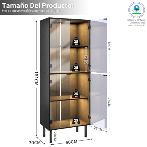 Simple Wisdom Vitrina,Vitrinas Exhibidor con Puertas de Cristal,Vitrinas Alta de Cristal con Luces LED,Vitrina para Coleccionables con 3 Estantes para Esquinero para Sala (Negro, 181X60 CM)