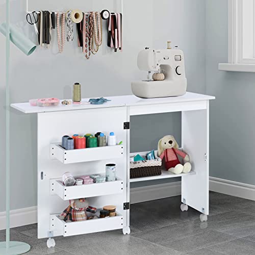 Folding Sewing Table with Storage, Sewing Craft Table Foldable with 3