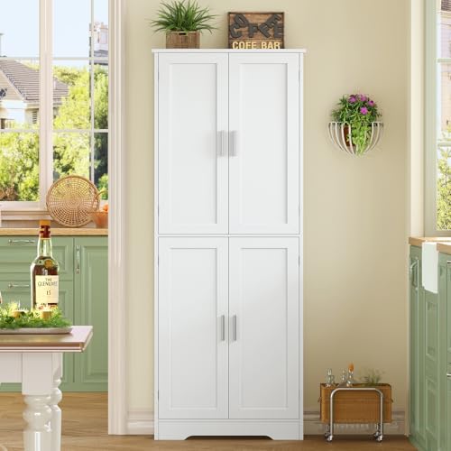 TEENFON 67" Storage Cabinet, Kitchen Pantry Cabinet with 4 Doors and 2 Adjustable Shelves, Tall Bathroom Cabinets, Cupboard, for Dining Room,White