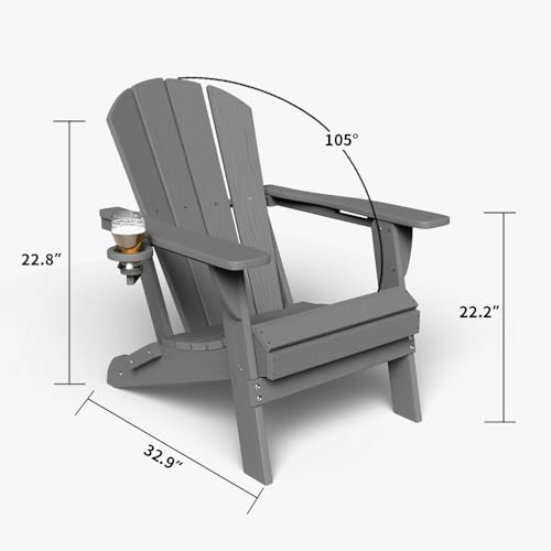 Patio Kingdom Folding Adirondack Chair with Cup Holders, HDPE Plastic Outdoor Chairs, Weather Resistant, Real Wood Look for Patio, Deck, Fire Pit, Backyard, Gray