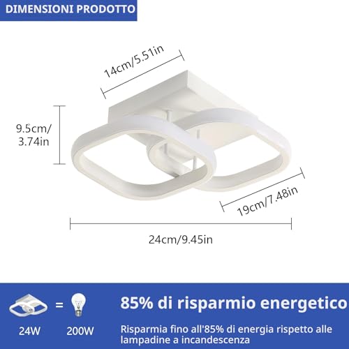 Comely 2 Pacchi Plafoniere a LED Moderne, 24W 2700LM Lampada da Soffitto a LED Quadrata Piccola Bianco Freddo 6500K Apparecchi di Illuminazione per Interni per Camera da Letto Corridoio