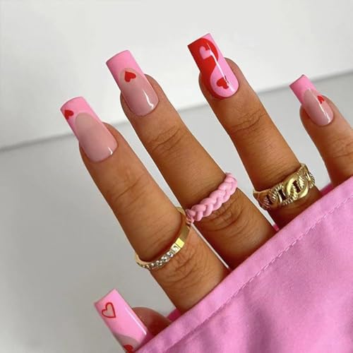 Coffin Press on Nails Medium Fake Nails Pink French Tip False Nails with Red Heart Design Glue on Nails Glossy Acrylic Nails for Women Manicure 24Pcs