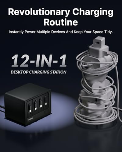 Gitryin 12-in-1 Desktop Charging Station with 4 Retractable Type-C Wall Chargers, 40W USB-C Power Strip with Flat Plug, Extension Cord with 1020J Surge Protection for Home Office Office