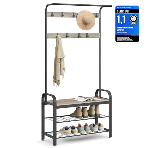 VASAGLE Kleiderständer, Garderobe, Eingangsmöbel, mit abnehmbaren Haken, Bank und Schuhregal, Höhe 183 cm, Metallrahmen, industrieller Stil, Graubraun