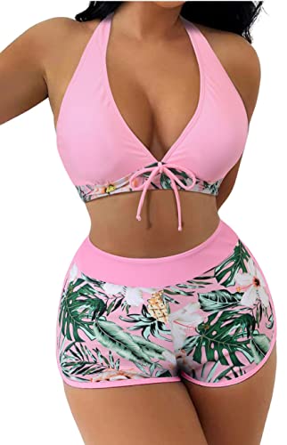 Pink Floral Halter High Waist Two Piece Swimsuit