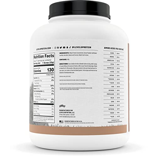 Levels Grass Fed 100 Whey Protein, No Hormones, Pure Chocolate, 5LB