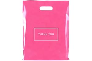 Purple Q Crafts Pink Die Cut Plastic Shopping Bags with Thank You Logo 9" x 12" Boutique Bags with Handles 50 Pack for Merchandise, Gifts, Trade Shows and More
