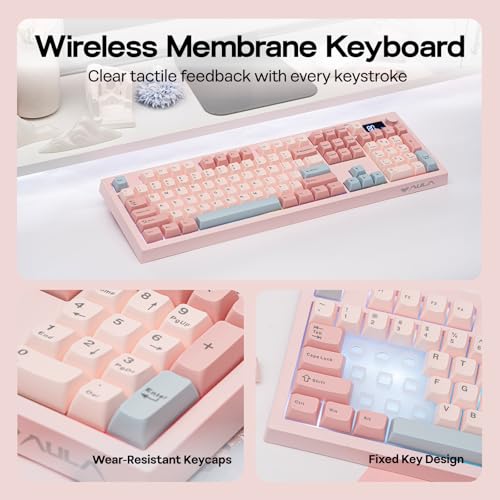 EPOMAKER AULA S102 PRO Wireless Membrane Keyboard with TFT Screen and Number Pad, 2000mAh, RGB Backlit, Media Knob, 105 Keys, Full Size Wireless Gaming Keyboard (Pink)