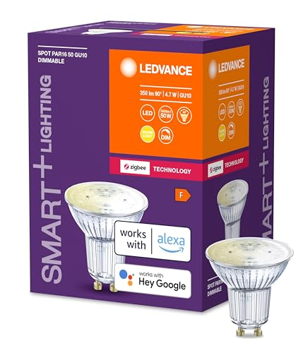 LEDVANCE Lámpara LED inteligente con tecnología ZigBee, GU10 base, vidrio transparente, Blanco cálido (2700K), 350 Lumen, sustituto de 50W-iluminante 1-paquete