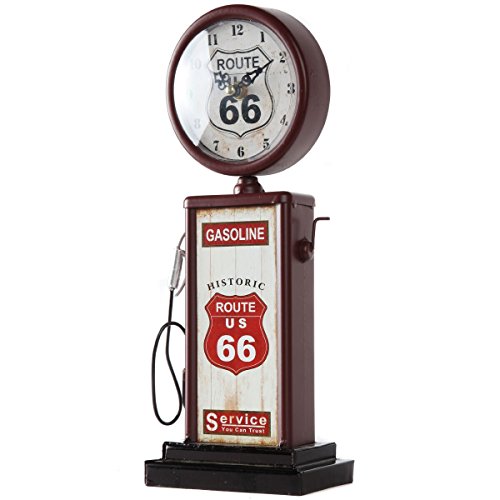 Lily's Home Old Fashioned Route 66 Gas Pump Mantle Clock, Silent-Non-Ticking with Quartz Movement, Makes an Ideal Gift for Antique Sign Collectors, Brown/Red (13 1/2