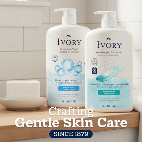 IVORY BODY WASH, DESIGNED FOR THE WHOLE FAMILY, GENTLE FORMULA, FREE OF DYES HEAVY PERFUMES PARABENS PHTHALATES & SILICONES, DESIGNED FOR SKIN’S PH, FRAGNANCE-FREE, 35 OZ