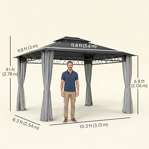 Outsunny 10' x 12' Outdoor Gazebo Canopy, Double Roof Hardtop Gazebo with Polycarbonate Roof, Steel Frame, Nettings and Curtains, for Garden, Lawn, Backyard and Deck, Light Grey