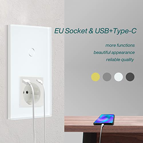 BSEED WiFi Smart Switch, Touch Switches with Glass, Compatible with Alexa, Tuya and Smart Life, Neutral Cable Required, 1 Gang 1 Way + 1 USB/Type C Plug, 157 mm White