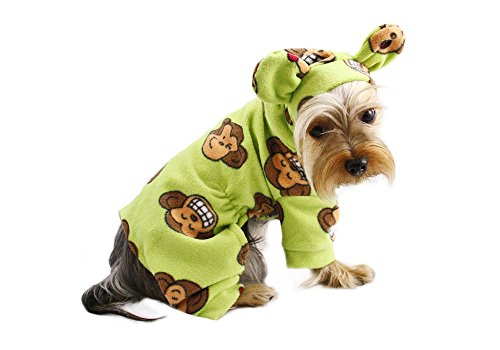 Adorable Silly Monkey Fleece Dog Pajamas / Bodysuit with Hood Size: Small, Color: Lime