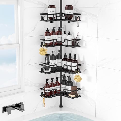 HAMITOR Shower Shelf No Drilling, Telescopic Corner Shelf, Bathroom, Ideal for Small Bathrooms & Tenants, 4-Tier Rustproof Metal Shelf with Large Capacity for Whole Family, Adjustable Length, 119-312