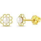 14k Yellow Gold Girl's Dainty Cultured Pearl Flower Screw Back Stud Earrings - Small Flower Screw Back Earrings for Babies, Toddlers, Young Girls