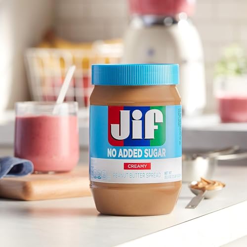 JIF NO ADDED SUGAR CREAMY PEANUT BUTTER SPREAD, 33.5 OUNCES, SMOOTH, CREAMY TEXTURE, NO STIR PEANUT BUTTER SPREAD