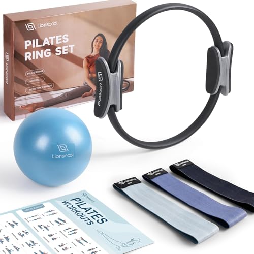 LIONSCOOL Pilates-Ring-Set (Schwarz) – 36cm verformungsbeständiger Pilates-Ring mit gepolsterten Griffen, 23 cm Mini-Ball, rutschfeste Stoff-Widerstan