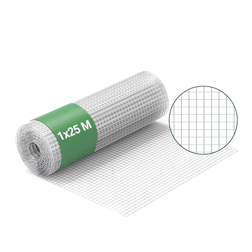 Wiltec Maschendrahtzaun 1 m x 25 m, 0,75 mm Drahtstärke 19x19 mm Maschengröße, Volierendraht 4-Eck aus Stahl verzinkt, Drahtgitter, Vogeldraht