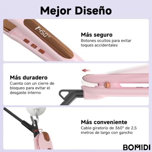 Plancha Para Cabello Profesional, BOMIDI Planchas 2 en 1 Alisado Y Rizador 130-230℃ Preciso Calentamiento Rápido Con Pantalla LCD Digital, Iones Negativos Doble Voltaje Adecuado Para Viajar
