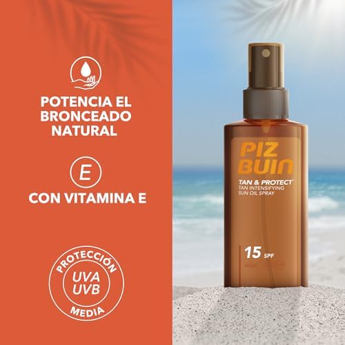 Piz buin protetor solar spray spf15, tan & protect acelerador de bronzeamento corpo e rosto, com vitamina e e proteção uva/uvb, 150 ml