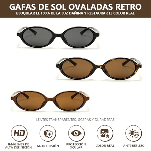3 Piezas lentes de sol ovalados mujer,Gafas de Sol Mujer Retro Moda,Gafas de Sol Retro Ojo de Gato, Gafas Estrechas Ligeras de los 90 Lentes, Adecuado para conducir, viajar y practicar deportes