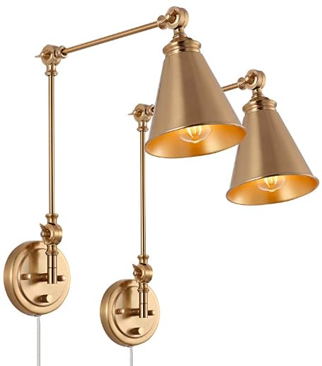 Photo 1 of Modern Plug In Wall Sconce, Cordless Gold Brass Swing Arm Wall Lamp For Bedroom Bedside, Universal Adjustable Wall Light Fixtures, Wall Mount Reading Light For Living Room, 2-Pack