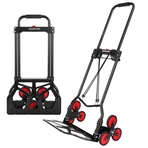 YEAUPE PRO Sack Truck, 50 kg Load Capacity, Folding Sack Truck, Height Adjustable & Stair Climber for Moving & Heavy Items, Stair Carts with 2 Expander Ropes & Sponge Handle (Black & Red)